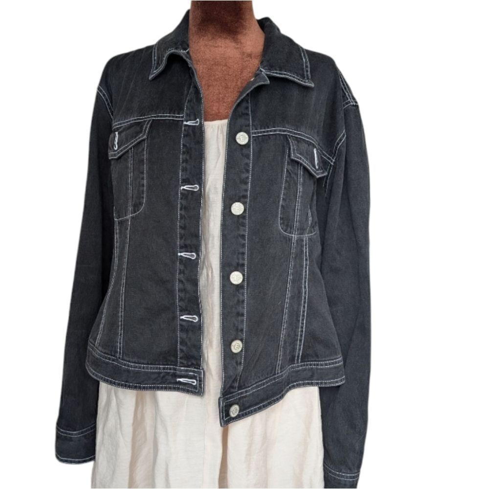 Emanuel Ungaro Classic Black Denim Jacket with White Stitching Size L